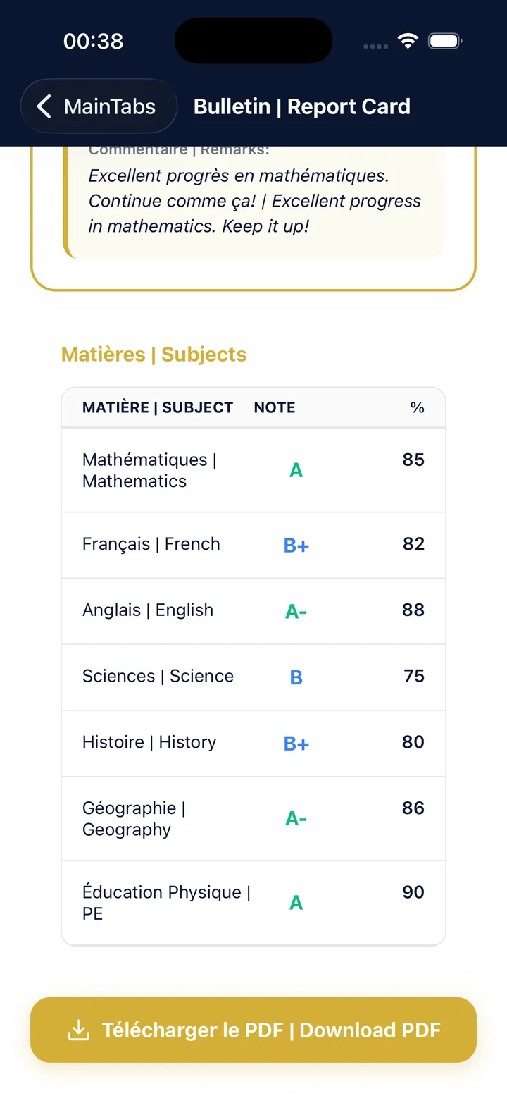 Bulletin scolaire conforme MINESEC généré par Ubora Écoles, consulté par un parent