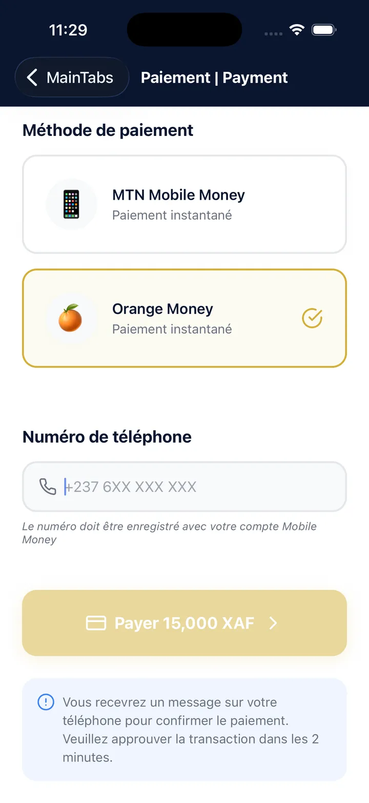 Écran de paiement de la scolarité par Mobile Money dans l'application Ubora Écoles