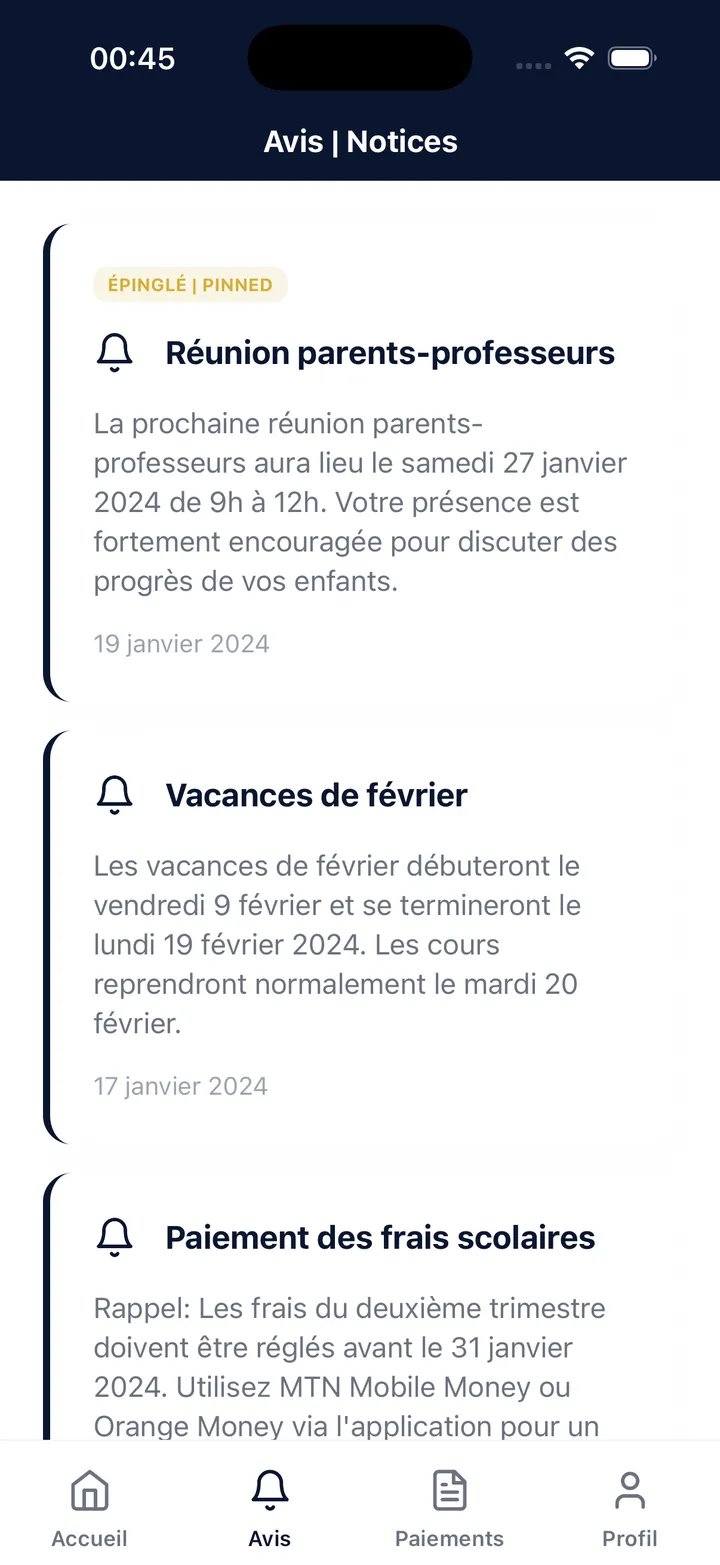 Notifications de l'école envoyées aux parents dans l'application Ubora Écoles